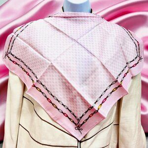 New CELINE  Paris   MiniScarf 20" Cotton/Silk Light Pink Brown White Logo   (56